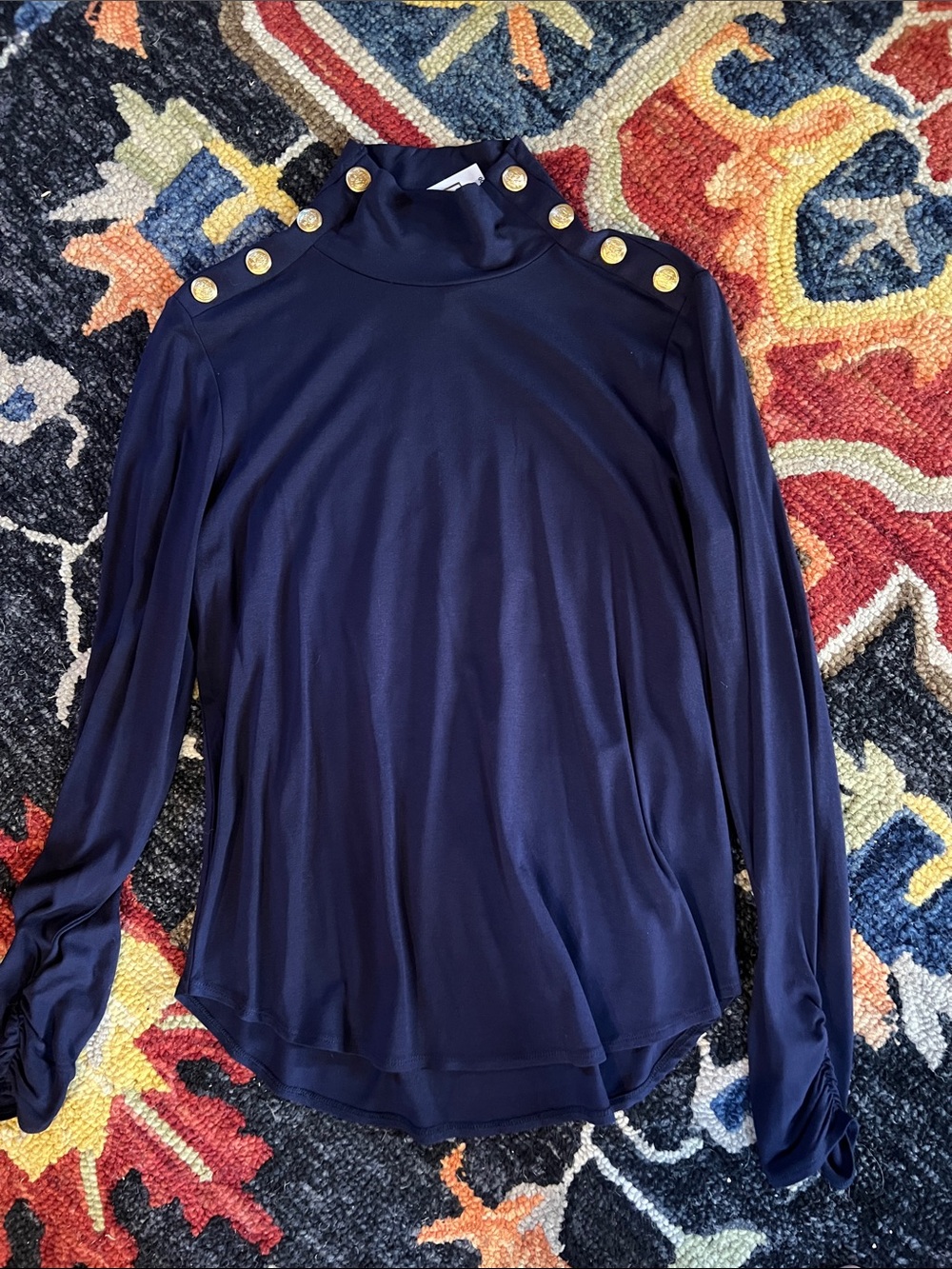 Cupio Navy Mock Neck Top with Gold Button Detailing